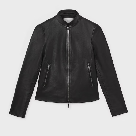 ALLIE LEATHER COLLARLESS BIKER JACKET IN BLACK By Reiss - Picture 1 of 5